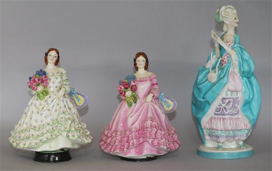Two Royal Worcester figures of June, modelled by Williams & Bray and another of Bal Masque, H 23 cm